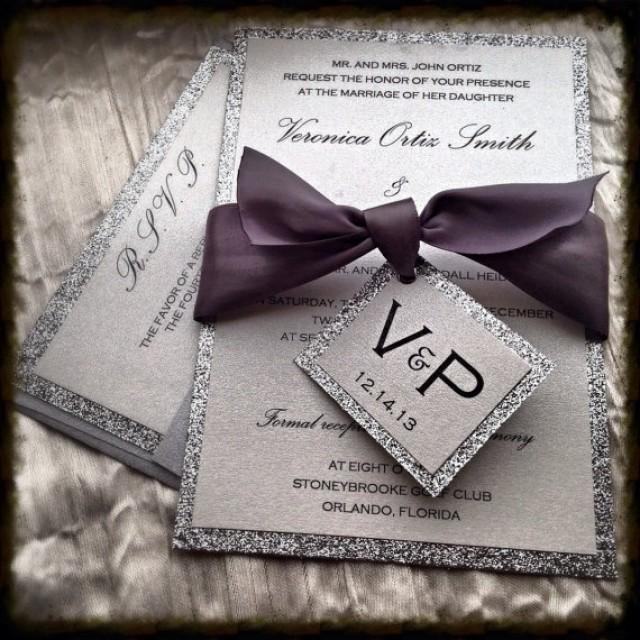 wedding photo - Wedding Invitations, Silver Glitter Wedding Invitation and RSVP Set with  ribbon tag