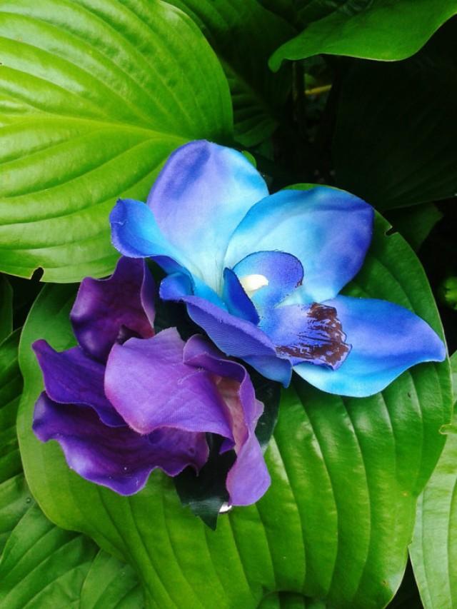 Tropical Hair Clip Hawaiian Orchids Maui Blue Purple Exotic Hair Clip Beach Bride Fascinator Flower Headpiece Wedding Hair Accessory 2225067 Weddbook