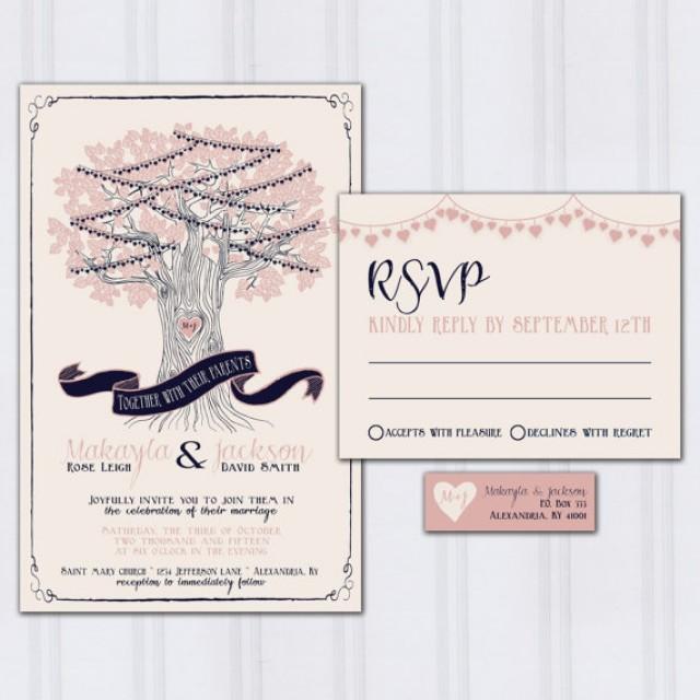 String Light Wedding Invitations, Tree Wedding Invites, Navy Blue And Blush Pink Wedding ...
