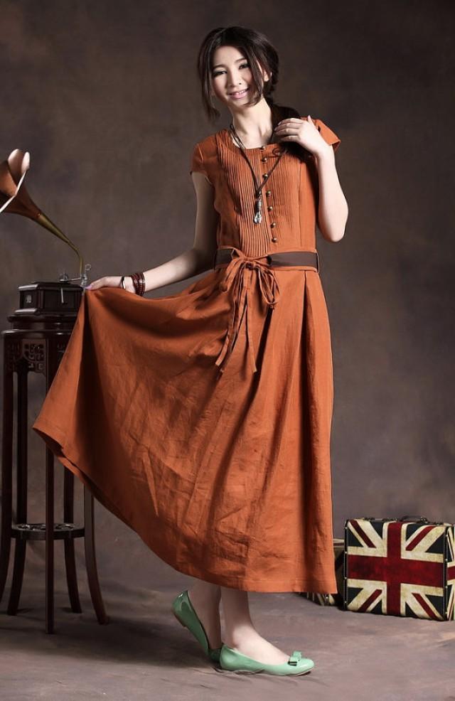 Maxi Linen Dress With Belt In Orange ...