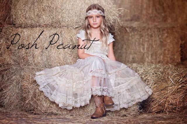 wedding photo - lace rustic flower girl dress -  champagne lace dresses