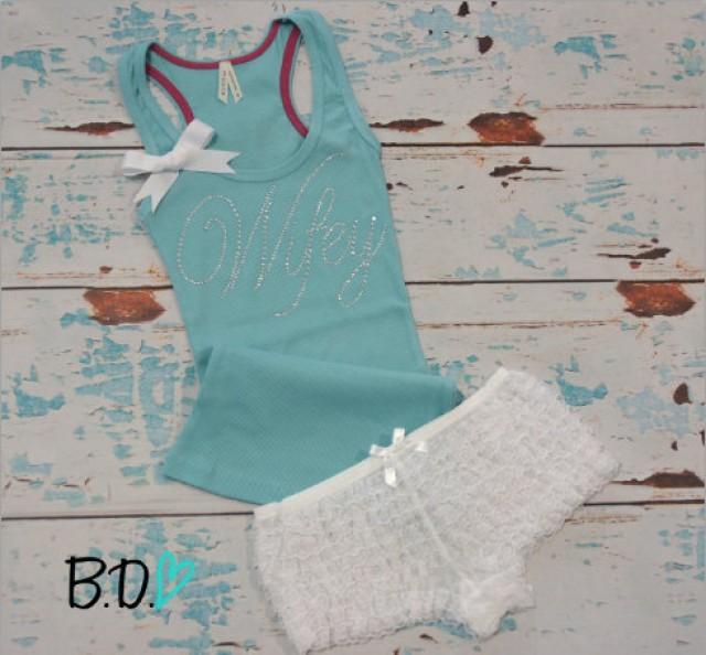 wedding photo - Bride ribbed tank top with bow and ruffly lace boyshort panties. Bridal lingerie set. Honeymoon tank top. Honeymoon lingerie. Bridal gift