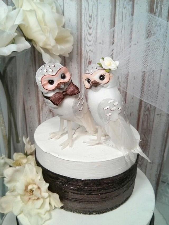 wedding photo - SALE!   chic wonderful white and brown barn  owls  wedding cake topper
