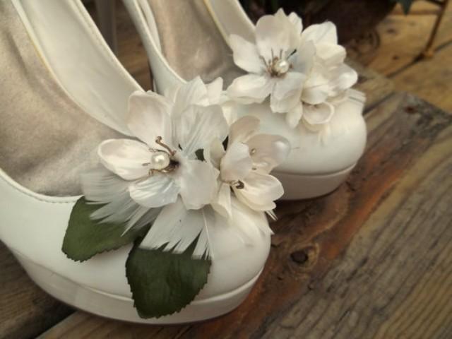 wedding photo - Bridal Shoe Clips -off white satin flowers, pearls, satin green leaves, wedding shoe clips, flower shoe clips