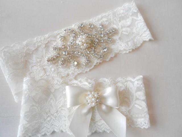 wedding photo - Wedding Garter Beautiful Soft Ivory Stretch Lace Bridal Garter Set Gorgeous Pearl and Crystal Cluster on Floral Lingerie Lace