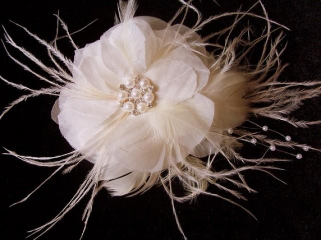 wedding photo - Venice - Ivory soft organza feather pearl rhinestone hair comb or bridal pin for dress, bridal wedding, special occasion