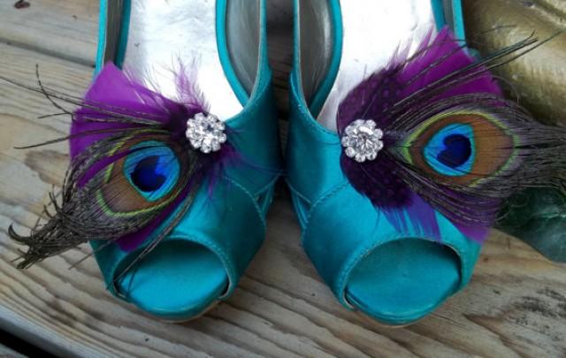 wedding photo - Wedding Bridal Shoe Clips - Purple Plum Feathers, Peacock Shoe Clips, Feathered Shoe Clips, Wedding Shoe Clips