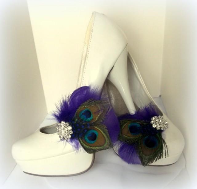 wedding photo - Bridal Shoe Clips - Peacock Shoe Clips, Purple, Feathered Shoe Clips, Wedding Shoe Clips