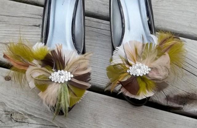 wedding photo - Wedding Shoe Clips - Camouflage Feather Shoe Clips Navette Rhinestones green brown taupe tan Bridal Wedding