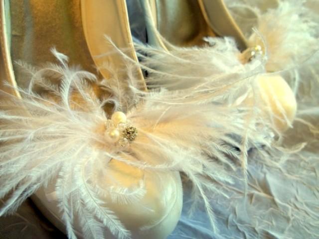 wedding photo - Shoe Clips -Ostrich Feather Bridal Wedding Shoe Clips - Sparkling Rhinestone Rondells, Freshwater Pearls, Swarovski Crystals