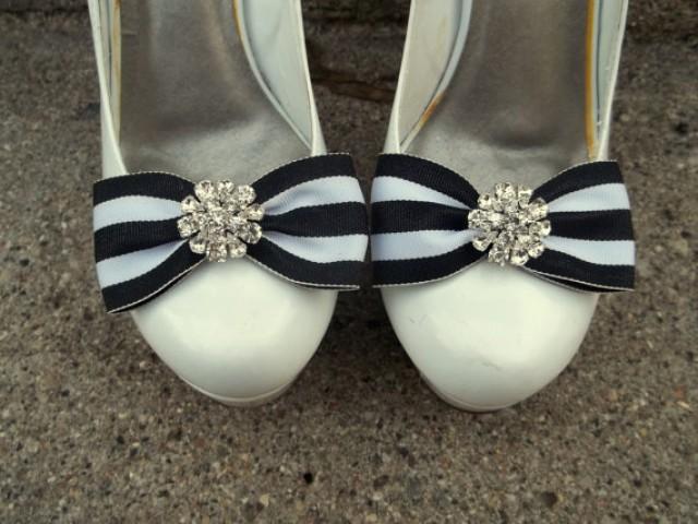 wedding photo - Blue or Black White Striped Nautical Shoe Clips - pair - Rhinestone Bling, sailer shoe clips fabric bow clips