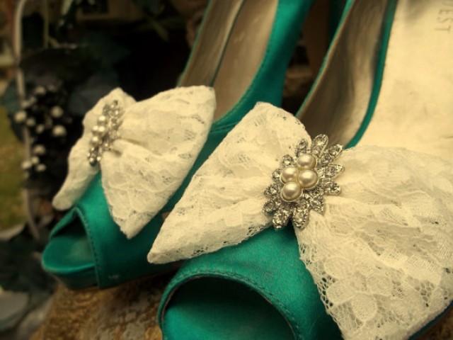 wedding photo - Wedding Bridal Lace Shoe Clips - set of 2 - Lace Pearl and Rhinestone Accents - Shoe Clips, wedding, pageant