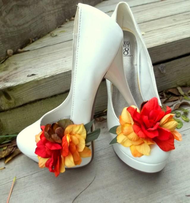 wedding photo - Fall Shoe Clips - Yellow Brown Tan Burnt Orange Autum Wedding, Fall, flower shoe clips, wedding shoe clips