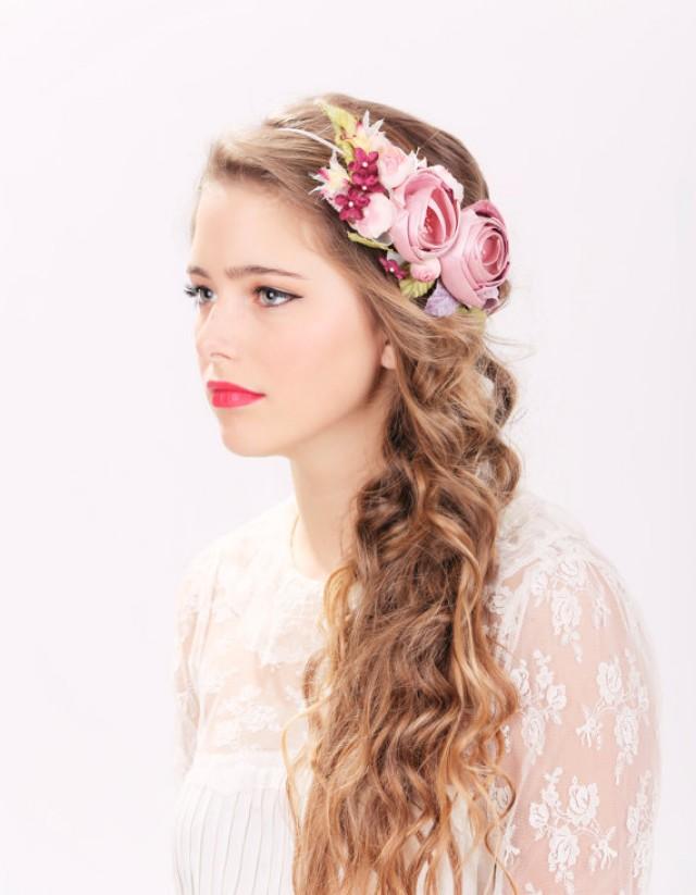 wedding photo - bridal flower hair crown, woodland wedding, pink flower, milinery flowerwedding hair accessories