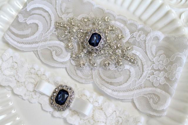 wedding photo - Bridal rhinestone applique heirloom garter set. Stretch lace Something Blue Sapphire Gem wedding garter. BLUE SAPPHIRE
