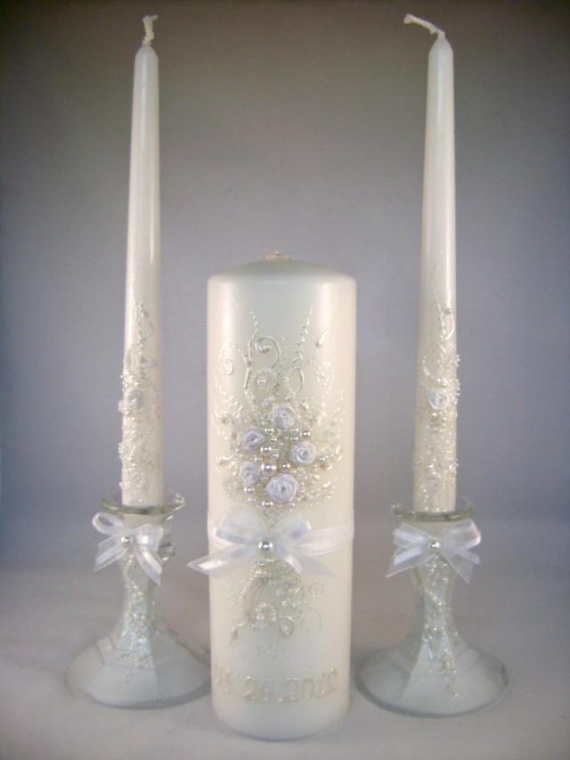 wedding photo - GORGEOUS Wedding unity candle set in pearl ivory and white, beautiful unity ceremony set, wedding reception