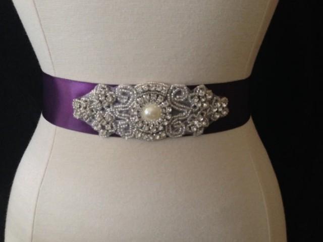 wedding photo - Bridal Sash - Wedding Dress Sash Belt - Plum Purple Rhinestone Sash - Purple Rhinestone Bridal Sash