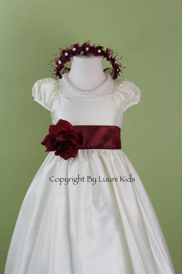 wedding photo - Flower Girl Dress - IVORY Cap Sleeve Dress with BURGUNDY Sash - Easter, Junior Bridesmaid, Wedding - From Toddler to Teen (FGSSI)