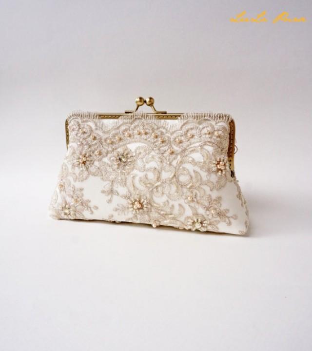 Elegant Wedding Beige Bridal Clutch, Fall Wedding, Vintage Inspired, Wedding Bag, Bridesmaid ...