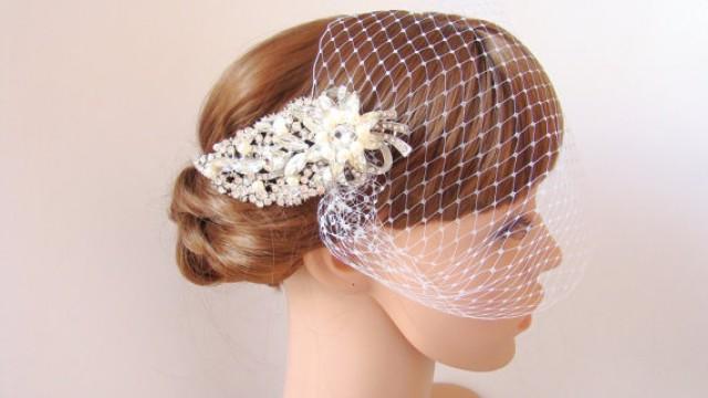 wedding photo - Bridal Birdcage Veil with Comb Rhinestone Birdcage Mini Veil - Wedding Veil Blusher Veil Leaf Hair Comb