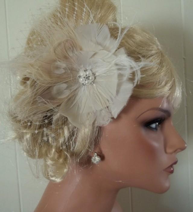 wedding photo - Ivory bridal fascinator, hair clip ivory peacock feathers french net pearl rhinestone jewel - wedding accessory