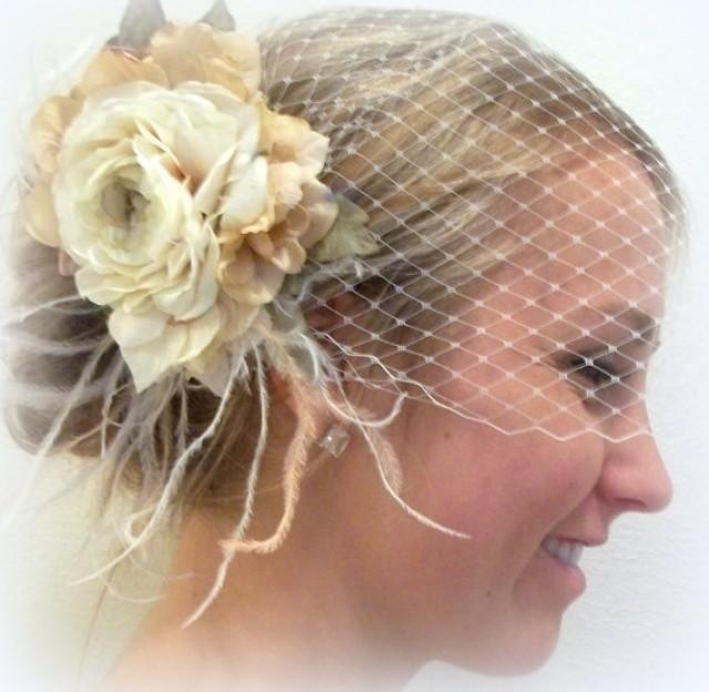 wedding photo - Wedding, Bridal French Net Bridal Veil with ivory Vintage FLowers,Wedding Hair Clip, Boho, Rustic