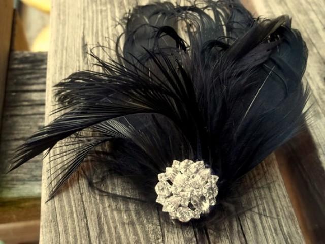 wedding photo - Black Friday Specials -Black Swan Feathered Fascinator - Crystal jeweled center -feather fascinator bridal hair clip