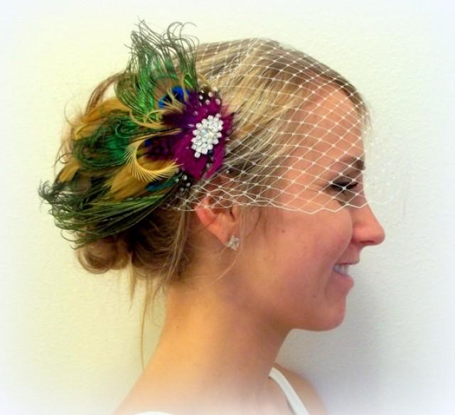 wedding photo - Bridal Veil with Olive Green Brown Bridal Fascinator, Wedding Hair Clip, Peaock Feathers, clip or pin