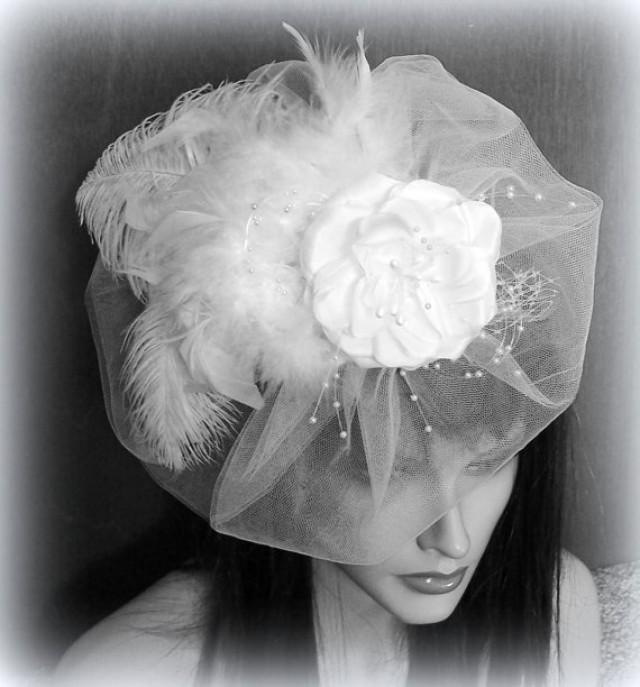 wedding photo - Bridal Hat - Wedding Hat, Custom Made - Floral bridal hat. Wedding Headpiece, White or Ivory, Ostich Feather Bridal Hat