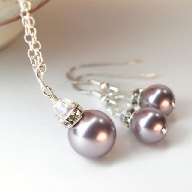Purple Pearl Jewelry Set, Bridesmaid Pearl Set, Bridesmaids Necklace, Pearl Earrings, Purple