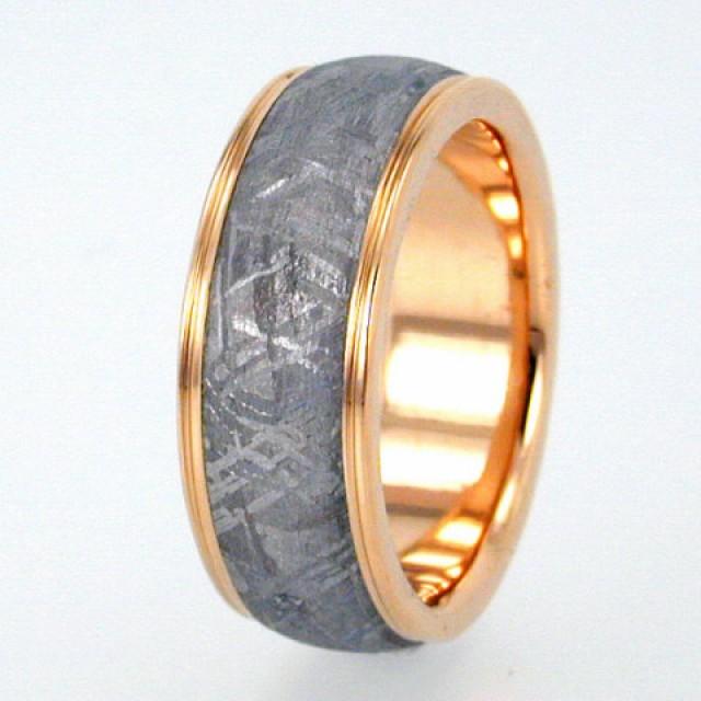 Gibeon Meteorite Ring With Widmanstatten Pattern, Gold Wedding Band