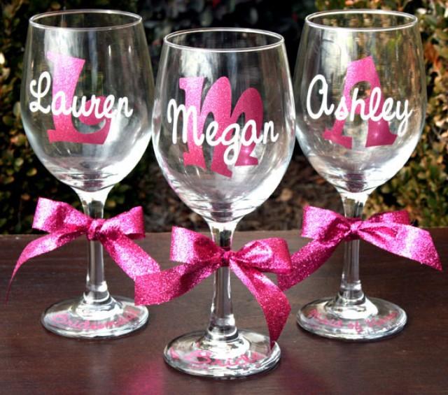 7 Monogrammed Bride And Bridesmaids Sparkling Personalized Wine Glasses