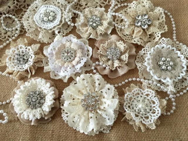 wedding photo - wedding shabby or rustic lace handmade flowers with rhinestone centers