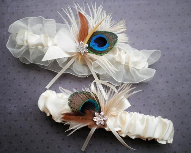 wedding photo - Peacock Garter Bridal Set, Peacock feather, ivory garter set, brown - IVORY & PEACOCK Garter