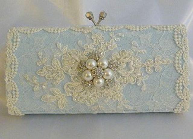 Something Blue Wedding Clutch Bag .. Vintage Lace With Swarovski Crystals And Pearls
