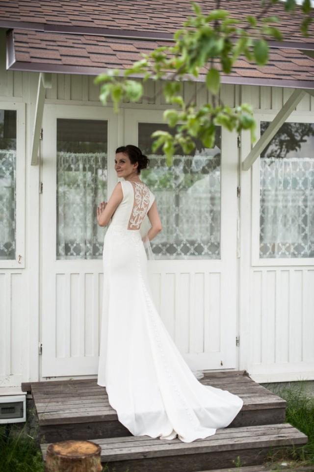 wedding photo - Long Wedding Dress, Ivory Wedding Gown With Open Back, Crepe and Tulle Dress with Handmade Embellishments, Wedding Dress with Train L12