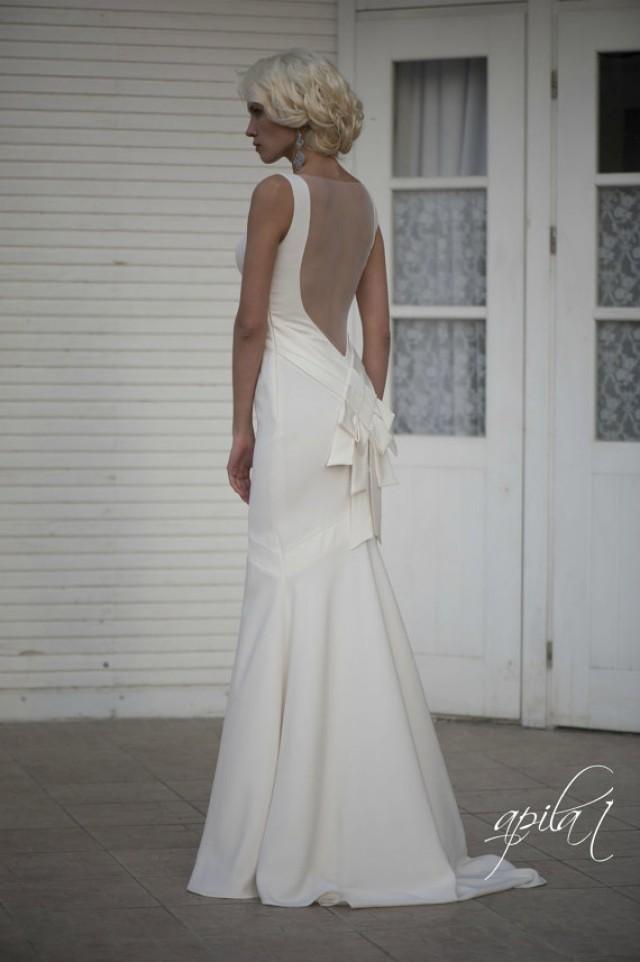 wedding photo - Long Wedding Dress with Train, Ivory Long Wedding Dress with Open Back, Crepe Wedding Gown L14