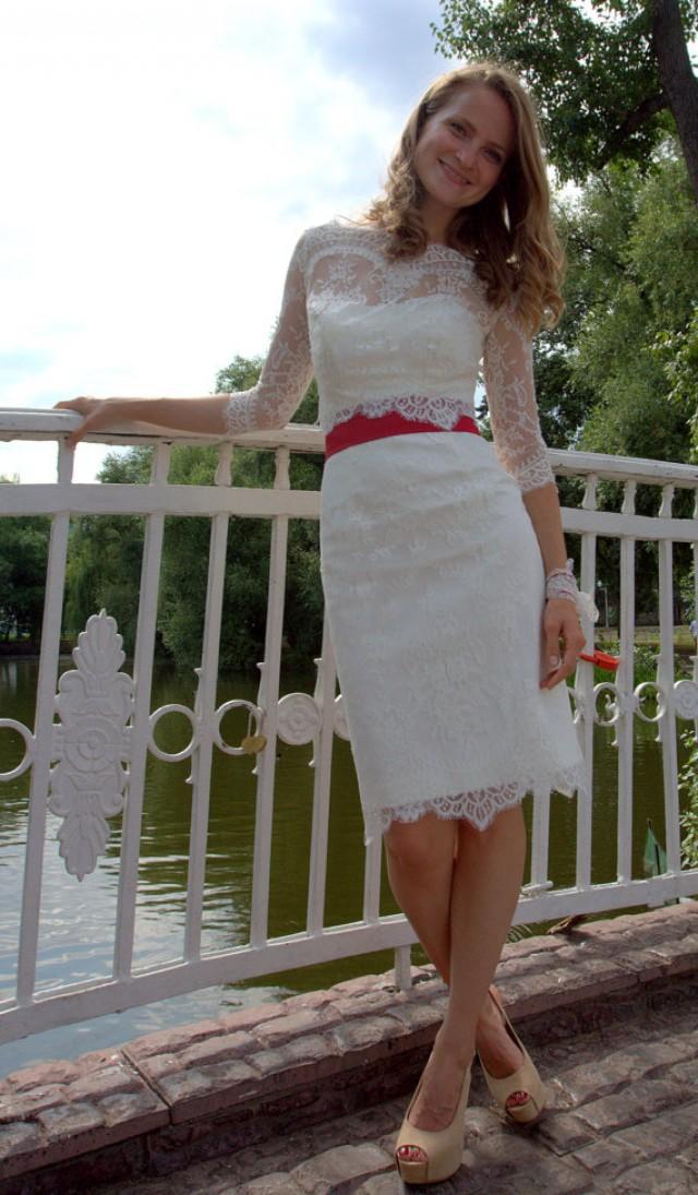 wedding photo - Fitted style short wedding dress with lace jacket M34