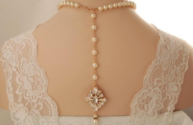 wedding photo - Bridal back drop necklace-Rose gold Swarovski crystal bridal backdrop necklace-Wedding necklace-Wedding jewelry-Rose gold brooch necklace