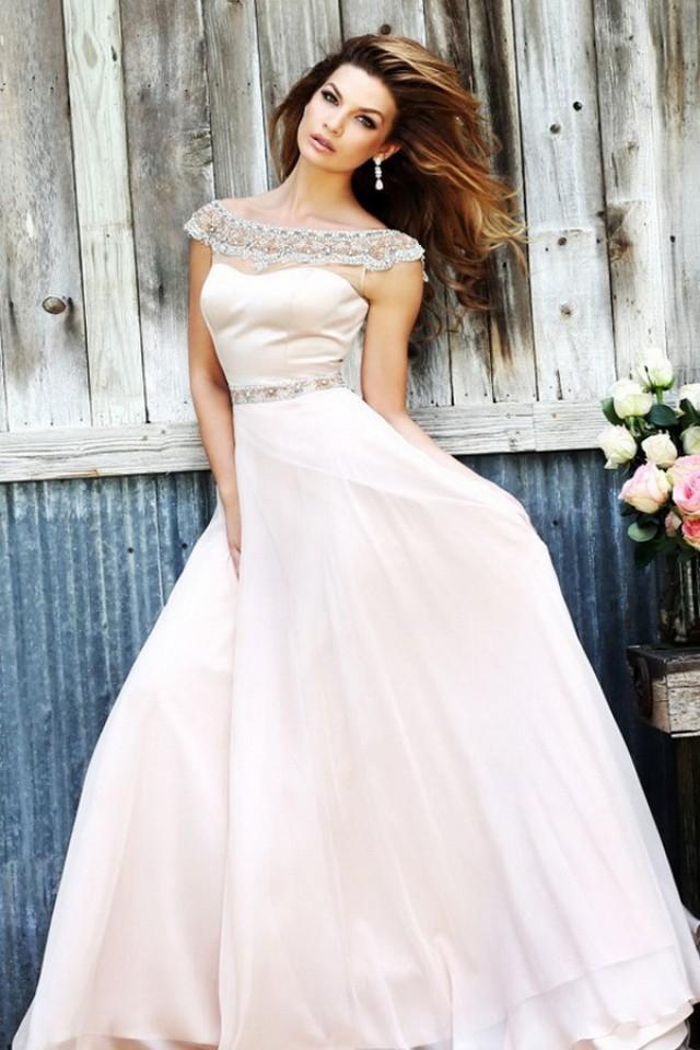 wedding photo - Unique Beading Bateau Chiffon Zipper Sleeveless A-Line Pearl Pink Prom Evening Dress