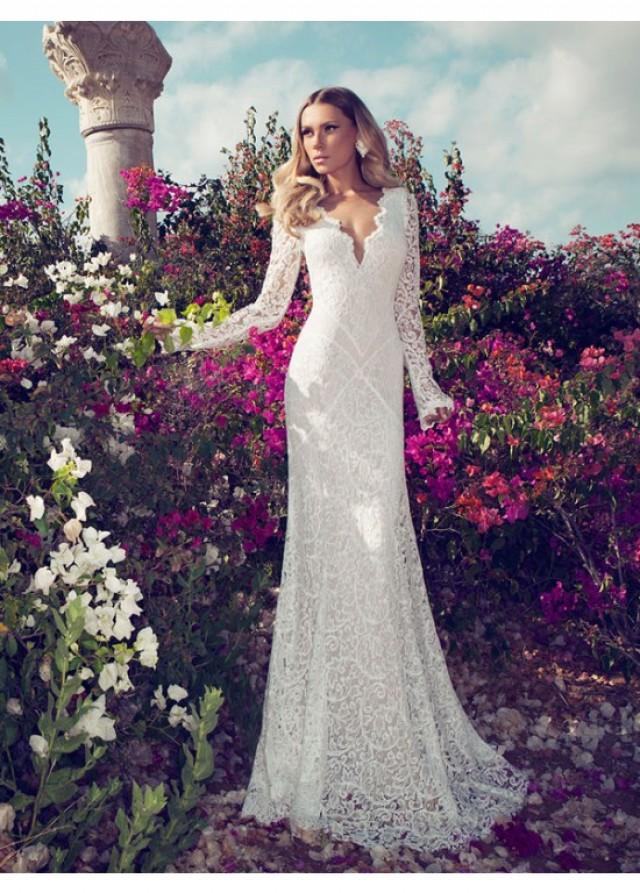 wedding photo - Sheath/Column V-Neck Long Sleeves Lace Wedding Dresses 2015