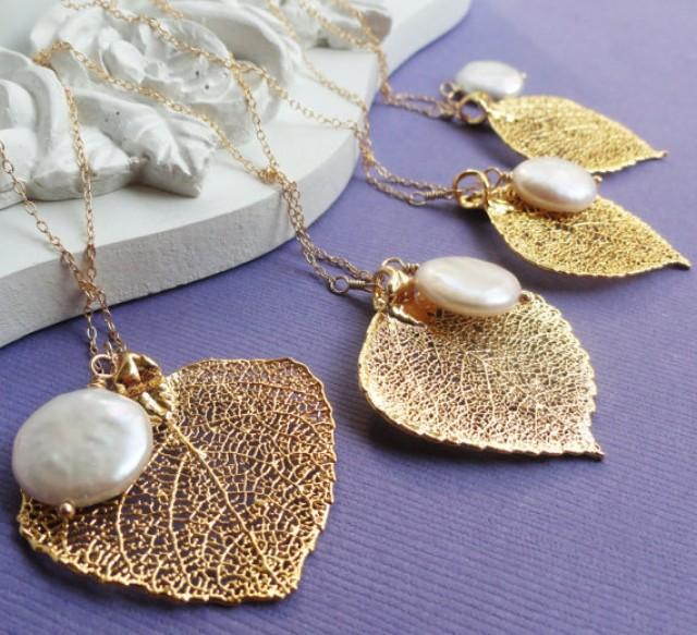 wedding photo - Bridal jewelry, Gift set of SIX Gold leaf & pearl necklaces, real aspen leaf lariats, Bridesmaid gifts, Gold filled chain, autumn wedding