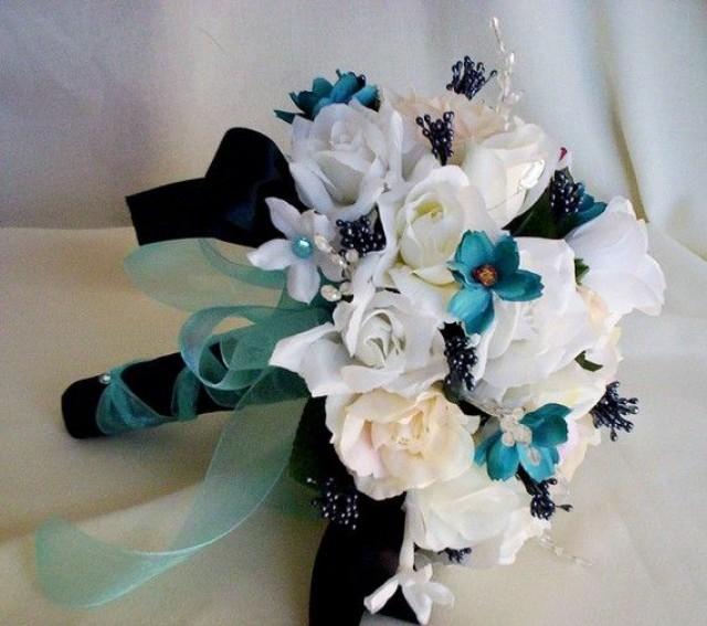 wedding photo - Wedding Accessories Turquoise Wedding Flowers Package Bridal Bouquet Boutonnieres Black Aqua Tiffany Blue Custom For Maggie
