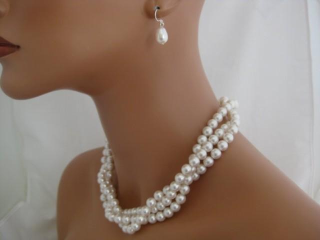 wedding photo - Swarovski Jewelry Set Pearl Multistrand necklace and earring set wedding jewelry set bridal necklace and earrings