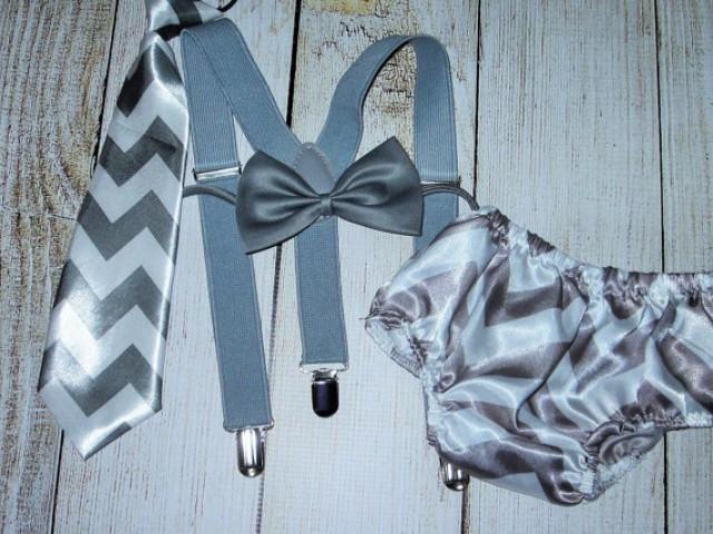wedding photo - First Birthday Boys Neck Tie Suspenders Diaper Cover Bow Tie Satin Gray Chevron Bloomers Baby  Infant Toddler Kids Cake Smash Outfit