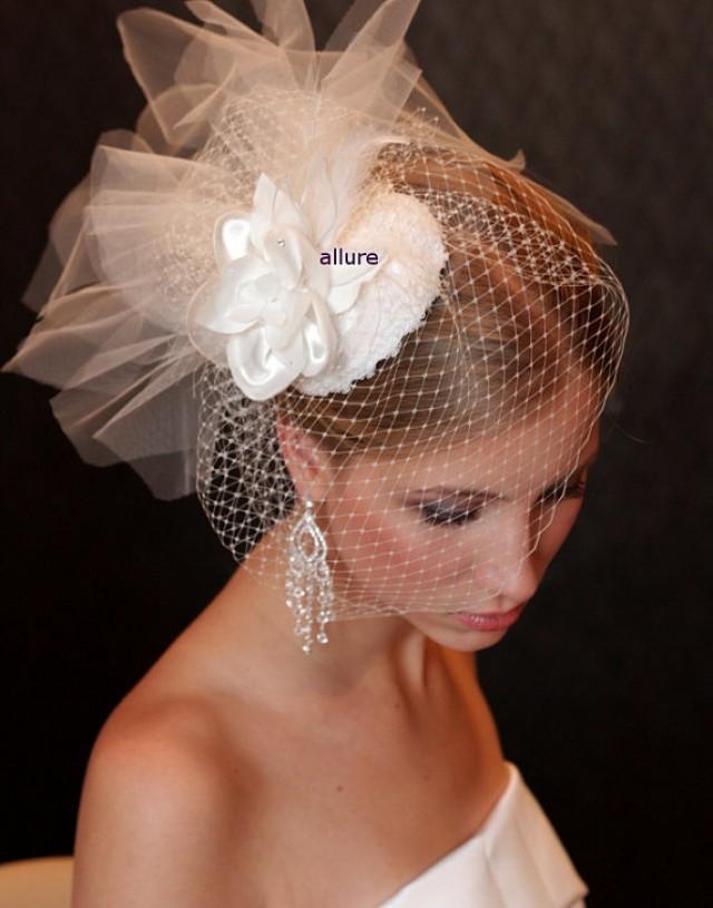wedding photo - BIRD CAGE VEIL. Bridal hat with birdcage veil and lace and flower. Charming fascinator. Wedding hat with veil