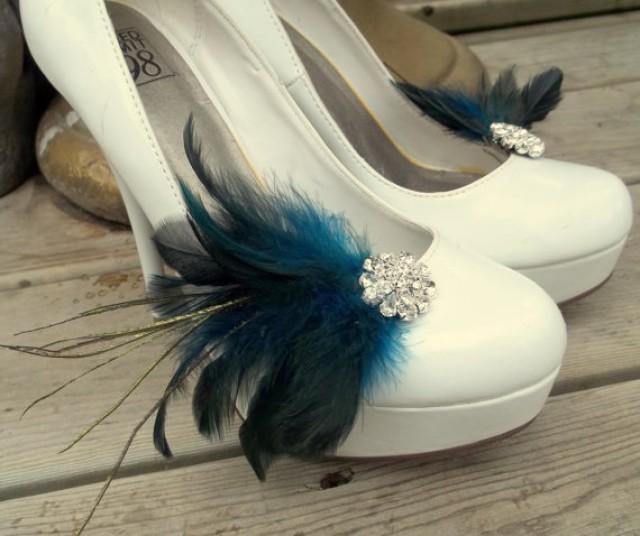 wedding photo - Wedding Bridal Feather Shoe Clips - set of 2 - Sparkling Crystal Rhinestone Accents -dark turquoise and dark blue