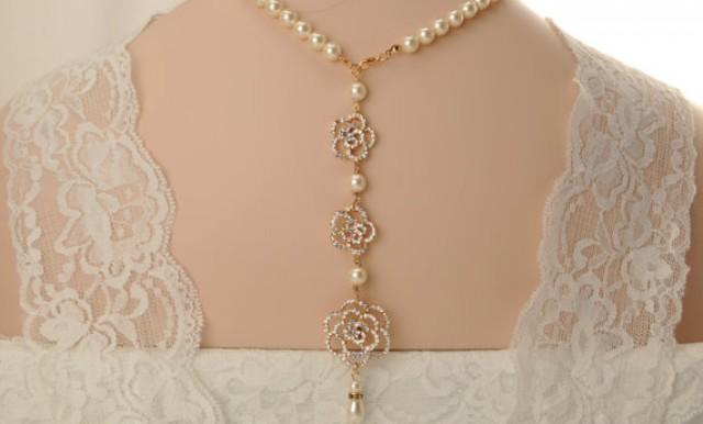 wedding photo - Bridal back drop necklace-Rose gold Swarovski crystal bridal backdrop necklace-Wedding necklace-Wedding jewelry-Rose gold bridal necklace