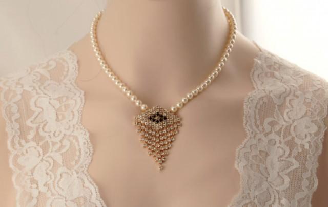 wedding photo - Bridal necklace -Rose gold vintage inspired crystal rhinestone bridal necklace -Swarovski crystal and pearl necklace