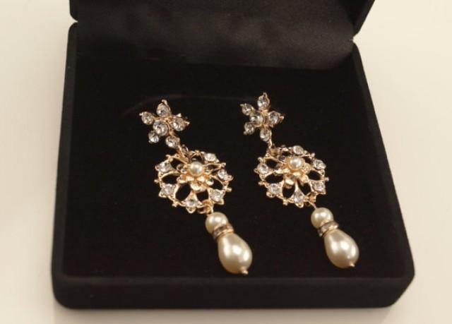 wedding photo - Rose gold dangle earrings-Rose gold bridal earrings-Rose gold art deco rhinestone Swaroski crystal earrings - Wedding jewelry